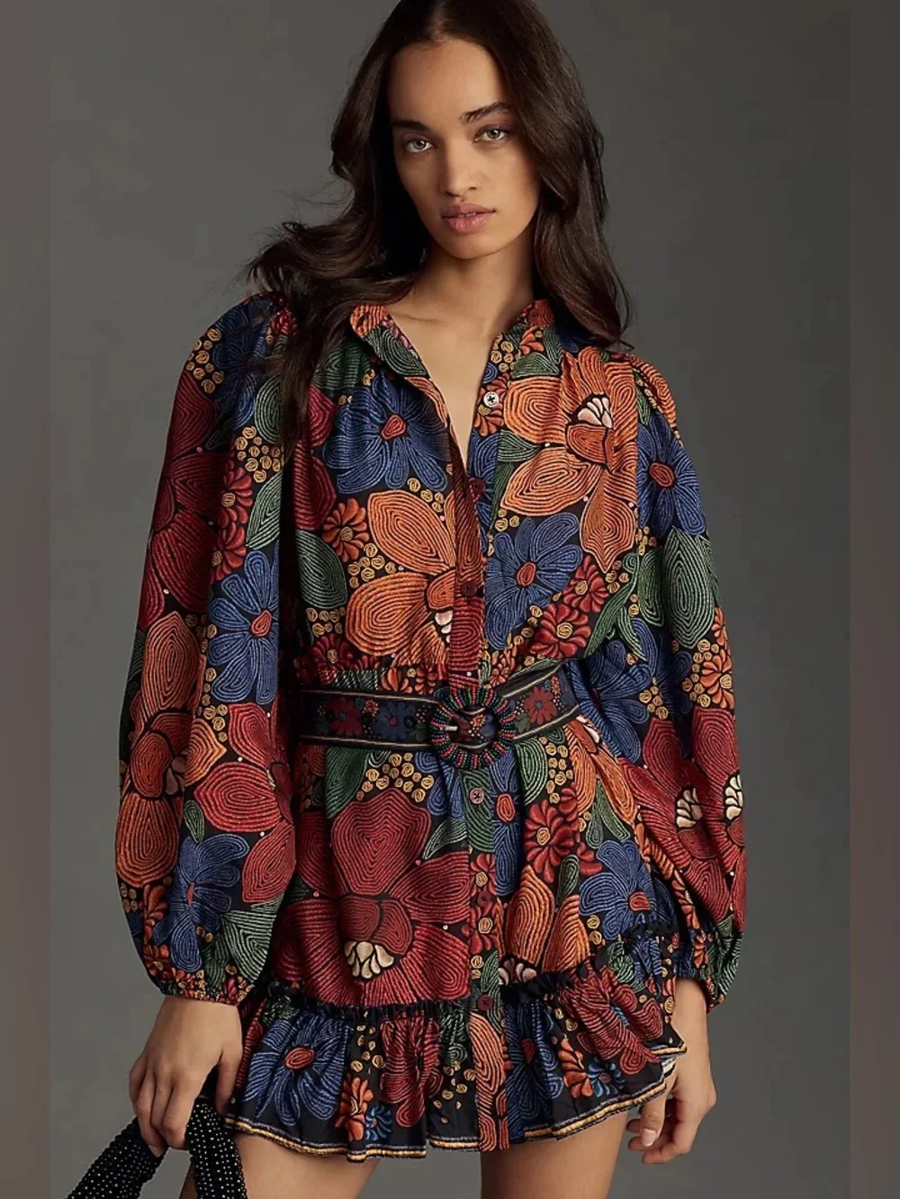 Farm Rio Black Stitched Flowers Long Sleeve Mini Dress Size M Boho Fall Colors - Picture 1 of 9